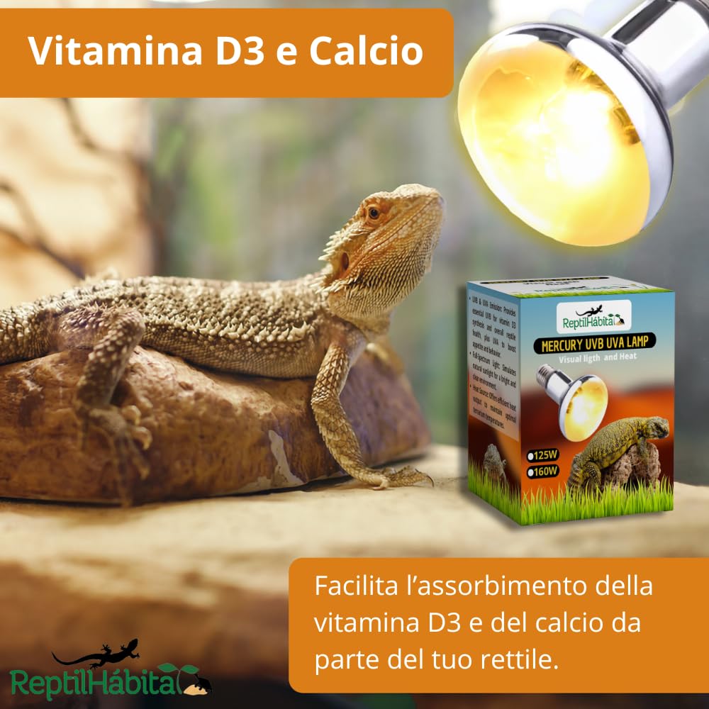 Bombilla UVB UVA con Calor para Reptiles 80W, 100W, 125W y 160W – Lámpara Vapor de Mercurio Todo en Uno para Terrarios – Luz Solar Artificial con Protección Térmica (125W)