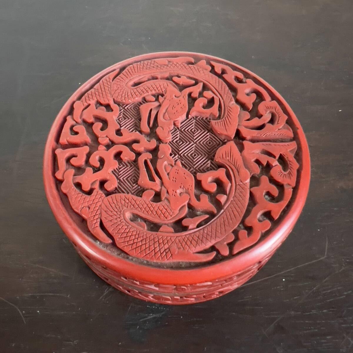 BR2351-中国美術 堆朱 朱肉入れ 香合 漆器 唐物 径7.6cm 高3.2cm(