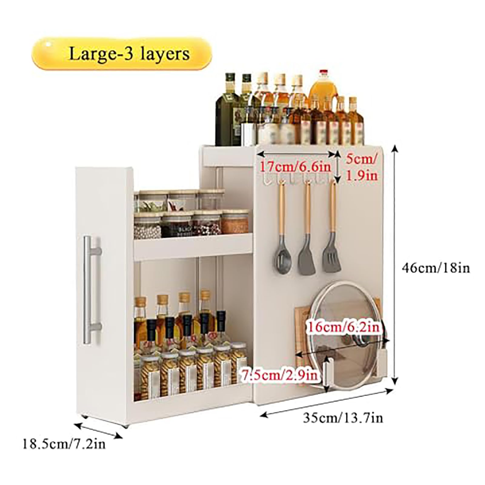 GAOXIAO Especiero Estrecho con Cajón, Organizador Estante Extraíble para Encimera Cocina con Ganchos Magnéticos, Estante Pie para Condimentos para Frascos Sa Salsas L 3 Tiers/White