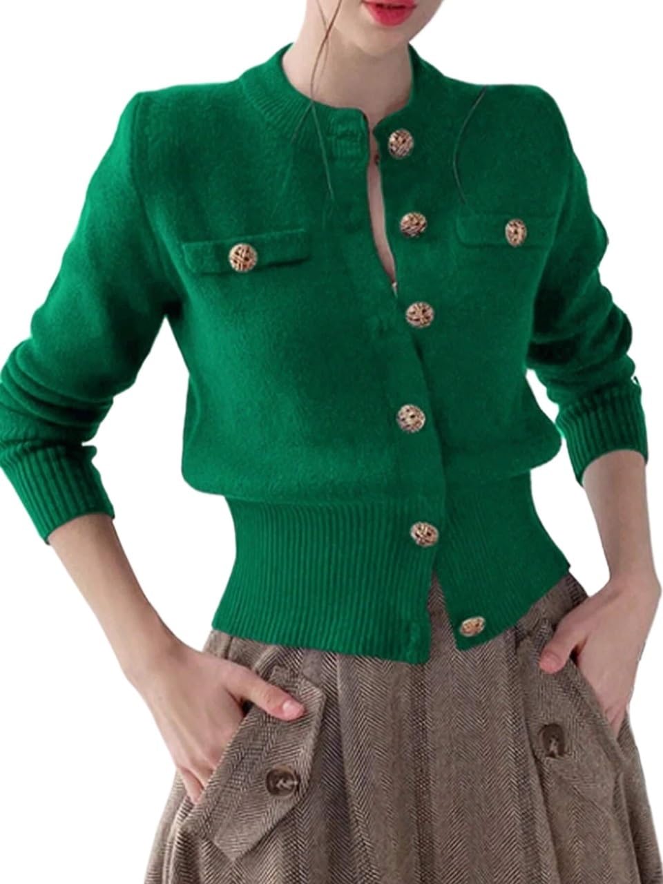 Long Sleeve Ribbed Knit Button Faux Pocket Round Neck Cardigan Womens Fashion Casual Cardigan Sweaters
