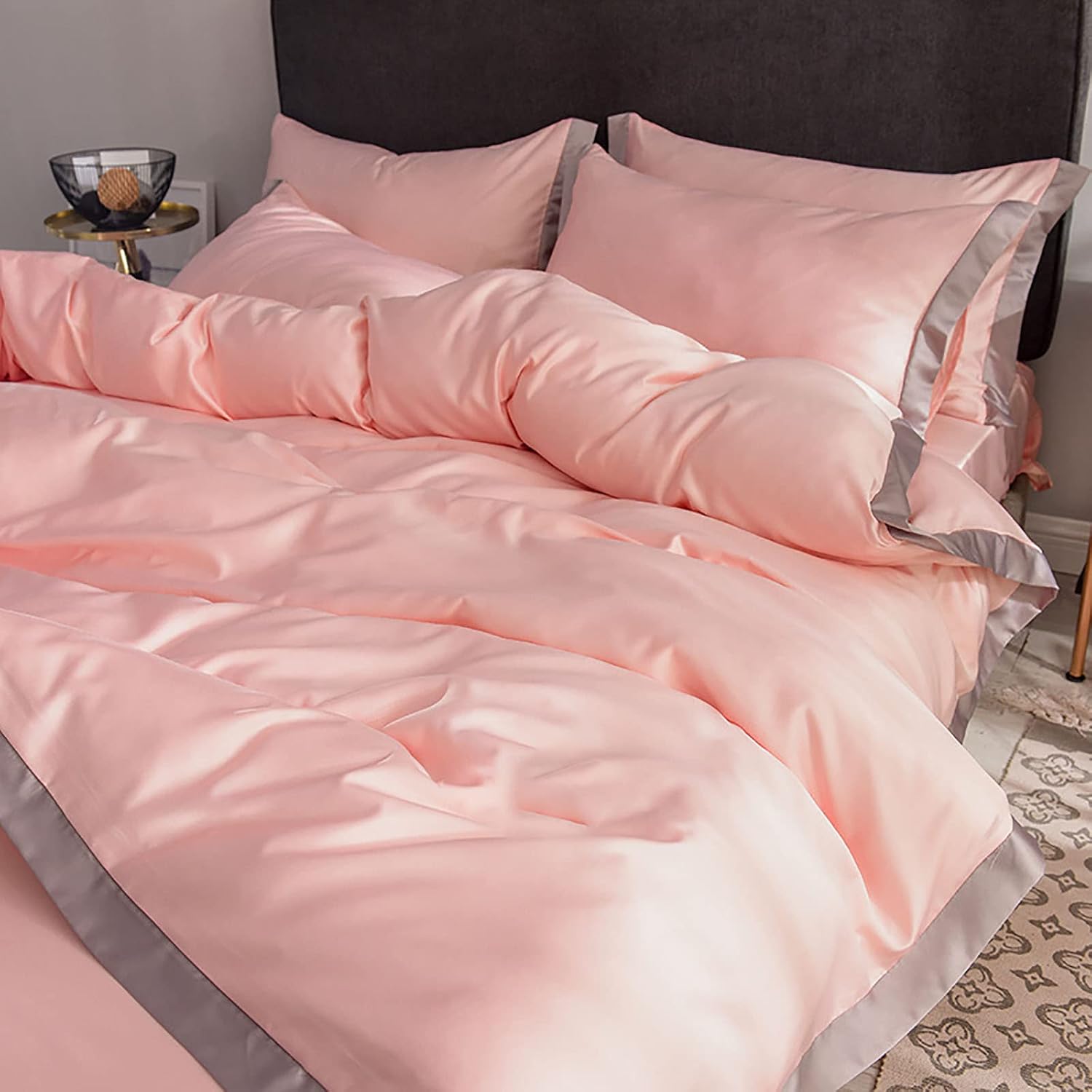 Premium Tencel Duvet Cover, Silky Soft Cooling Smooth Austrian Eucalyptus Satin Material Duvet Cover Bedding Sets Great for Hot Sleepers (Gray King) (Pink Full)
