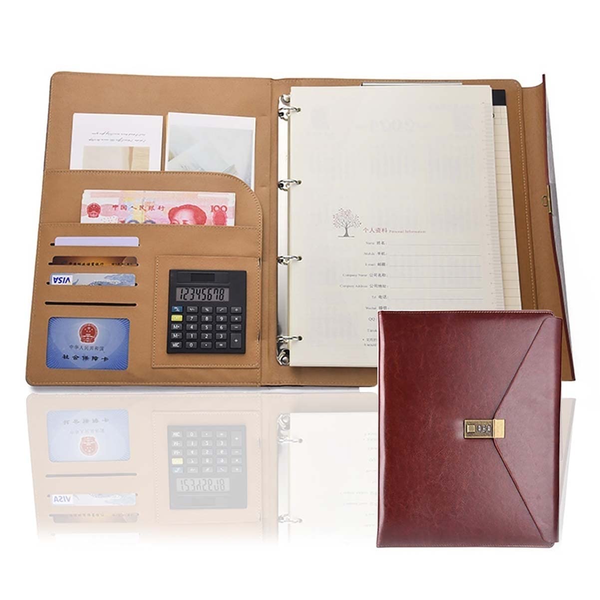 Carpeta De Conferencias Piel Sintética A5 - Con Calculadora, Bolsillo Cremallera Y Hojas Recargables