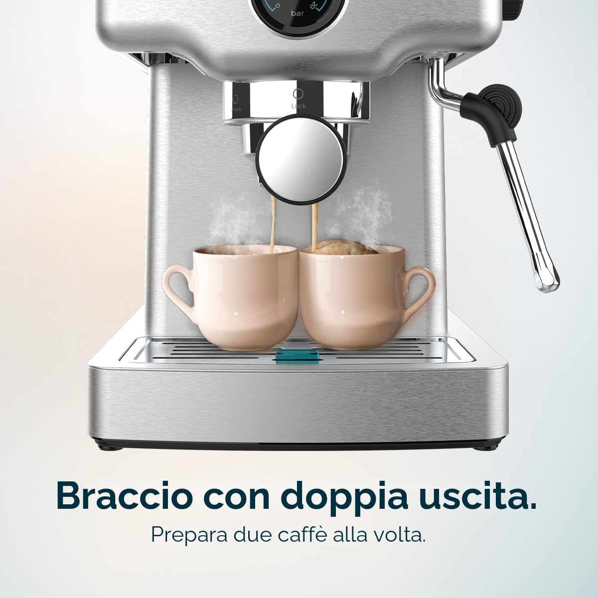 Cecotec Macchina da Caffè Express Barista Power Espresso 20 Barista Mini 1465 W, 20 bar, Manometro e ThermoblocK, Vaporizzatore Orientabile e Braccio con Doppia Uscita, 1,8 L di Capacità