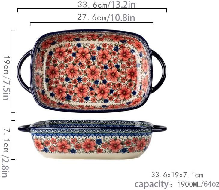 Bohemian Ceramic Large Bakeware with Double Handle, Rectangular Lasagna Pan Vintage Pastoral Baking Dish Porcelain Baking Pan for Kitchen Cooking Dinner,Microwave Safe 33.6X19X7.1CM C