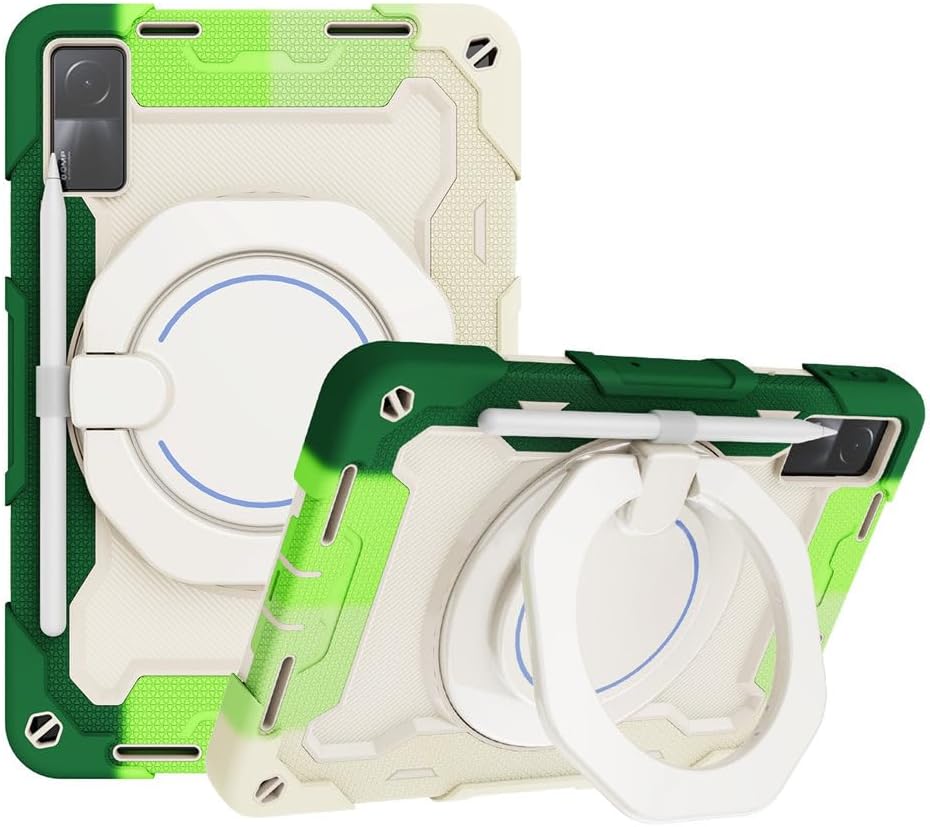 IVY Handheld Rotating Ring Bracket Armour Silicone Case for Redmi Pad 10.61 inch Tablet - [Shoulder Strap][Angle Adjustment] - Colorful Green