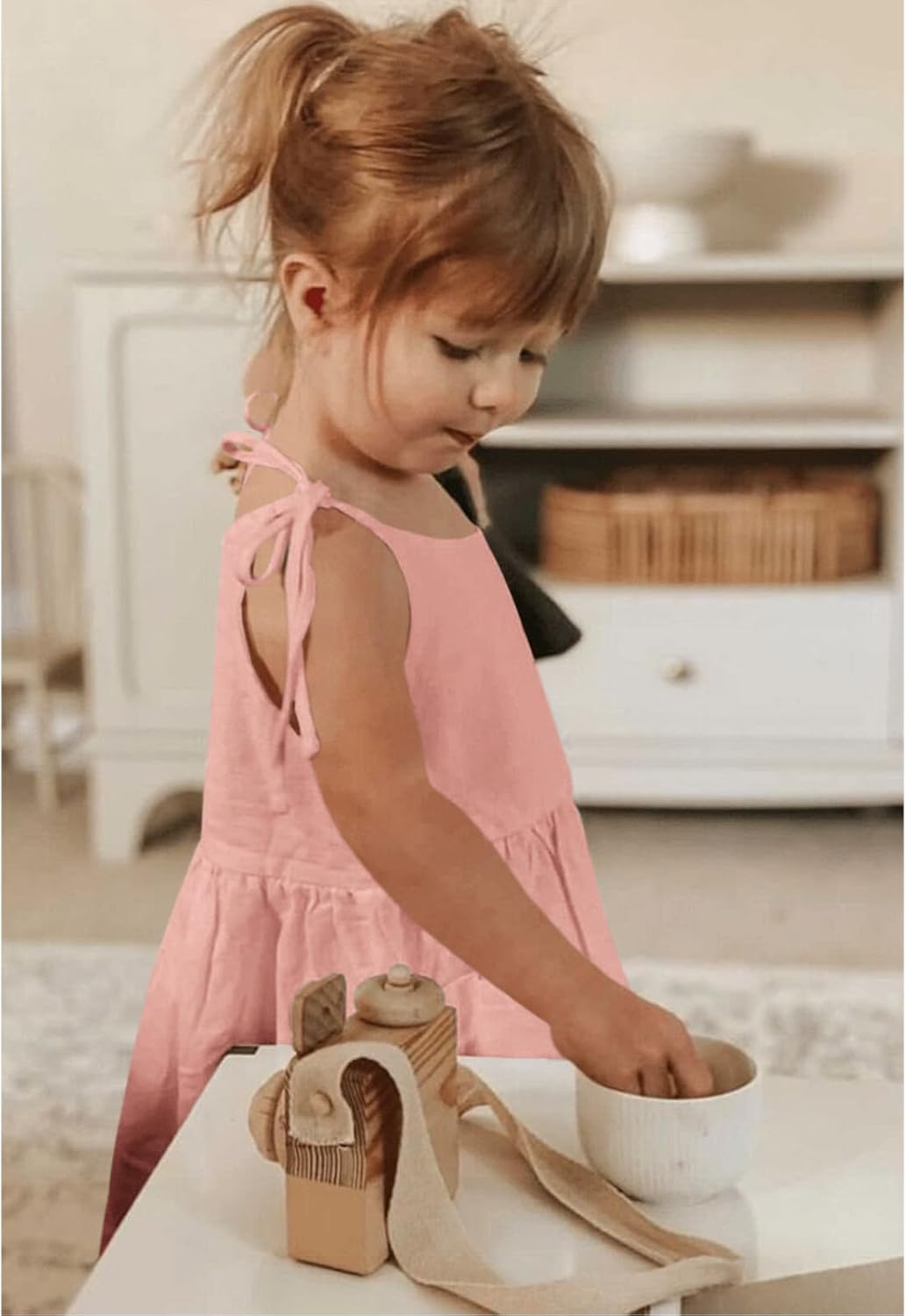 Toddler Baby Girls Summer Cotton Linen White Dress Bow Straps Sleeveless with Pockets Party Beach Casual Sundress - Image 4