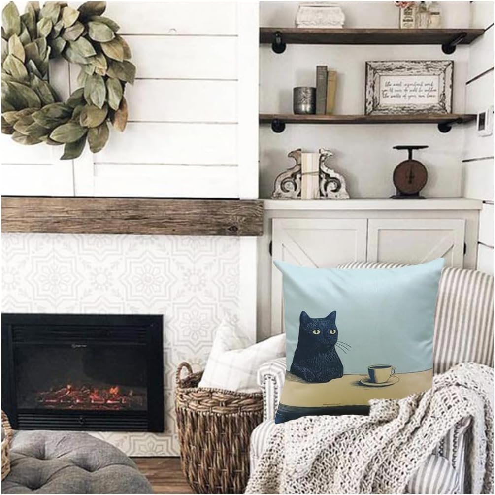 Vintage Black Cat Pillow Cover Funny Cat Art Painting Throw Pillow Covers Aesthetic Cats Pillow Cases Animal Kitty Pillowcase Cotton Linen Cushion Cover for Couch Sofa Bed 18x18 Set of 4 image 2