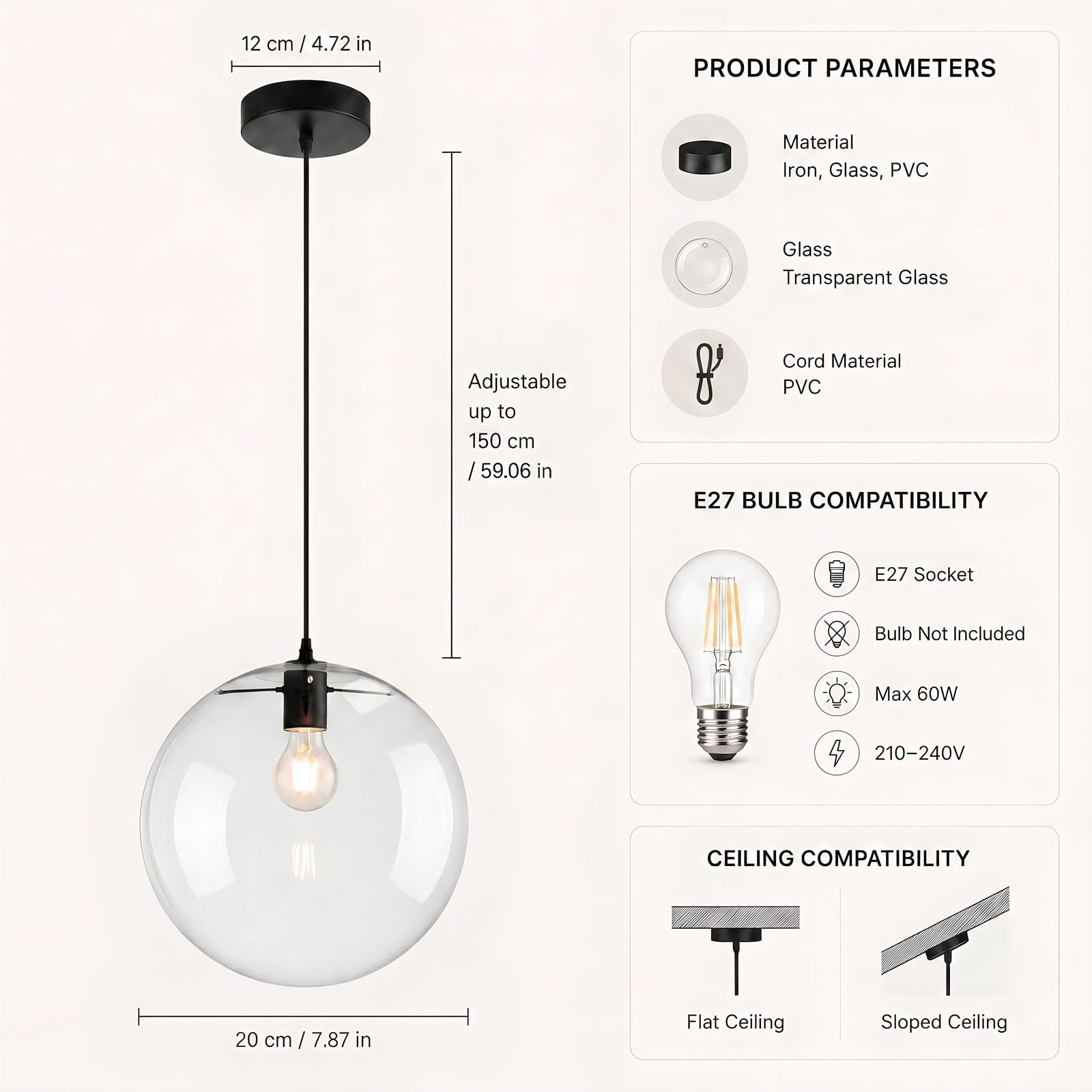 Lampada a Sospensione da Soffitto in Vetro Moderna E27 Globo Trasparente Finitura Dorata Lampadario Regolabile 150cm per Isola Cucina Sala da Pranzo Camera Caffè Corridoio (Nero, 20cm)
