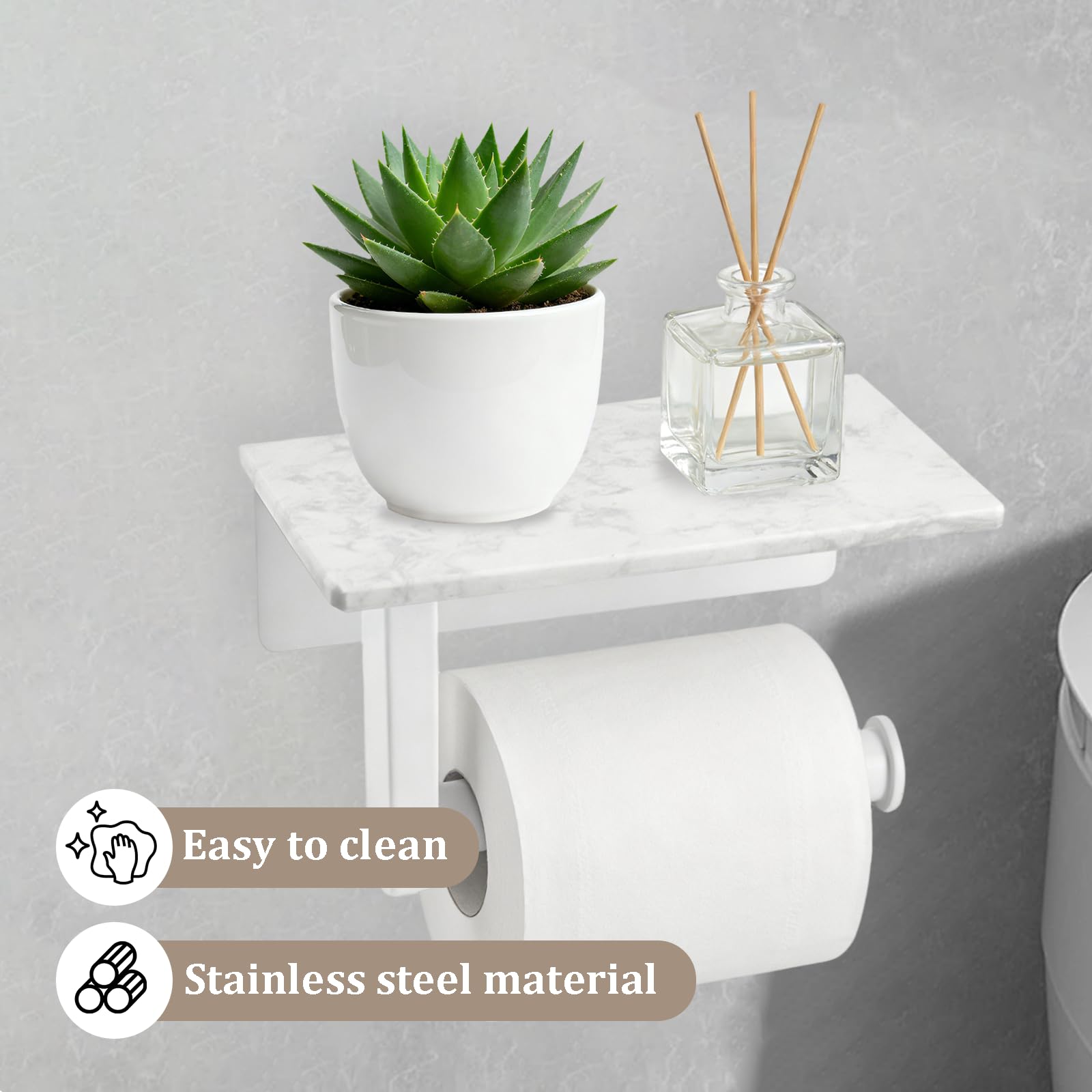 Soporte de papel higiénico con estante de mármol natural, soporte para pañuelos montado en la pared, accesorio de baño moderno y duradero para baño