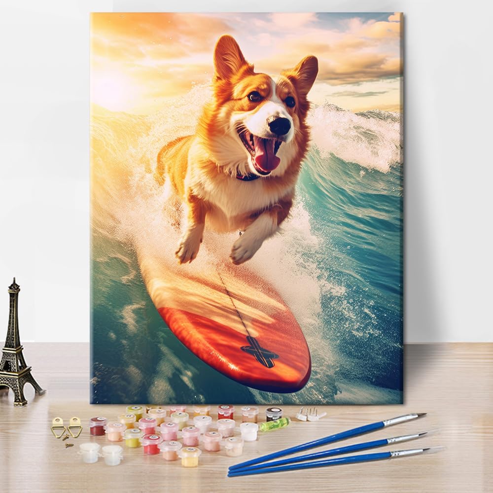 TUMOVO Paint By Numbers Kit For Adults - Welsh Corgi Dog With Surfboard Sunset Abstract, 16x20 Inch Canvas - View #4