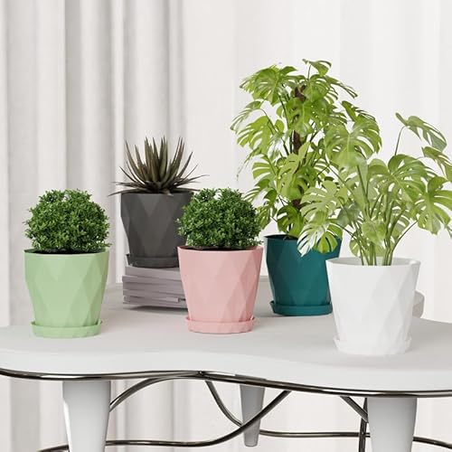 Image of StyleX Store Plastic 6.2 inch Plant Pots with Drainage Holes and Tray Saucers | Flower Pots for Home Balcony and Garden | Planters with Bottom Trays for Indoor and Outdoor Use, Pack of 5 (Multi)