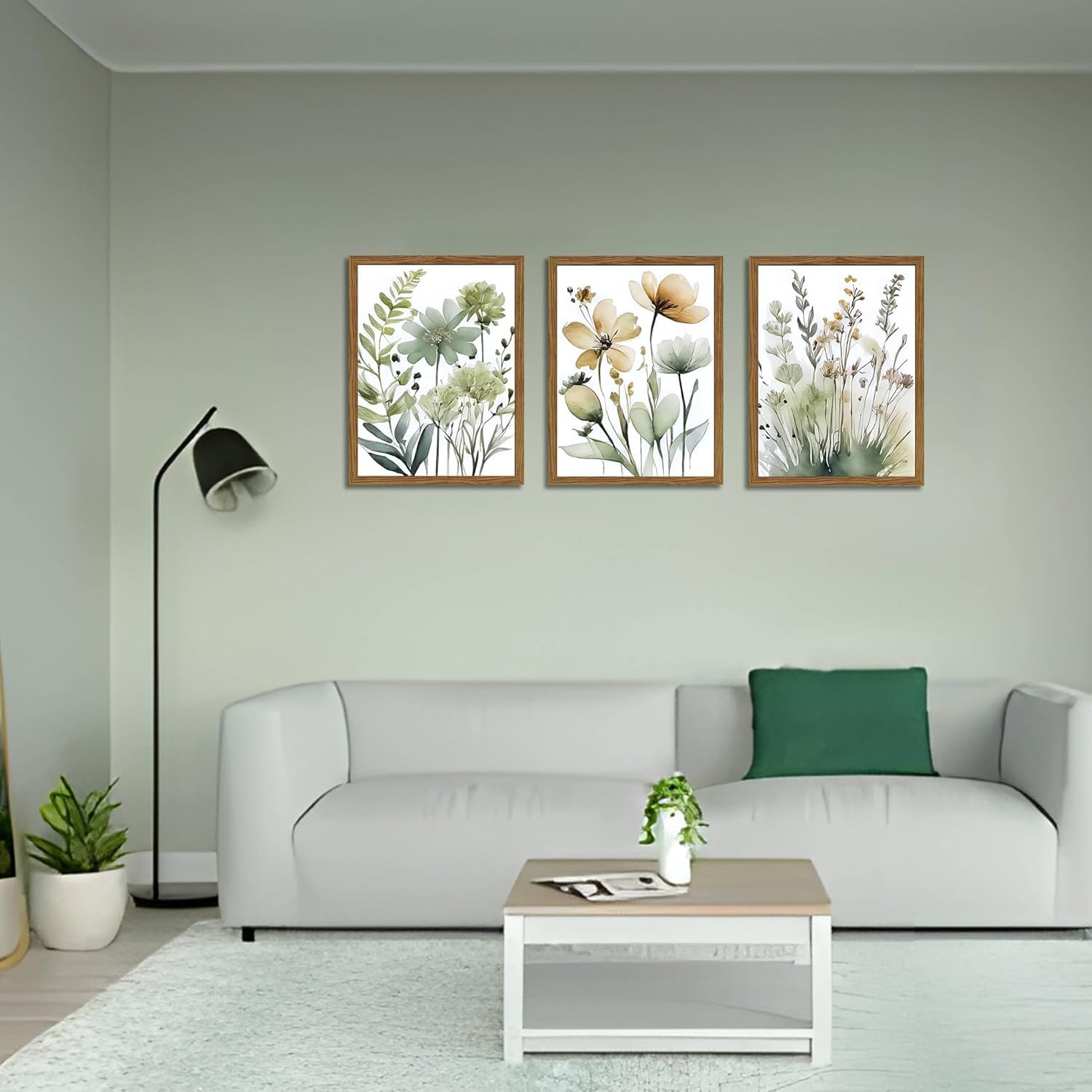 lianyibo Botaniczna sztuka ścienna w kolorze szałwii, obrazy na płótnie w stylu boho, minimalistyczne plakaty kwiatowe do dekoracji salonu (20 x 30 cm x 3/ramka wewnętrzna)