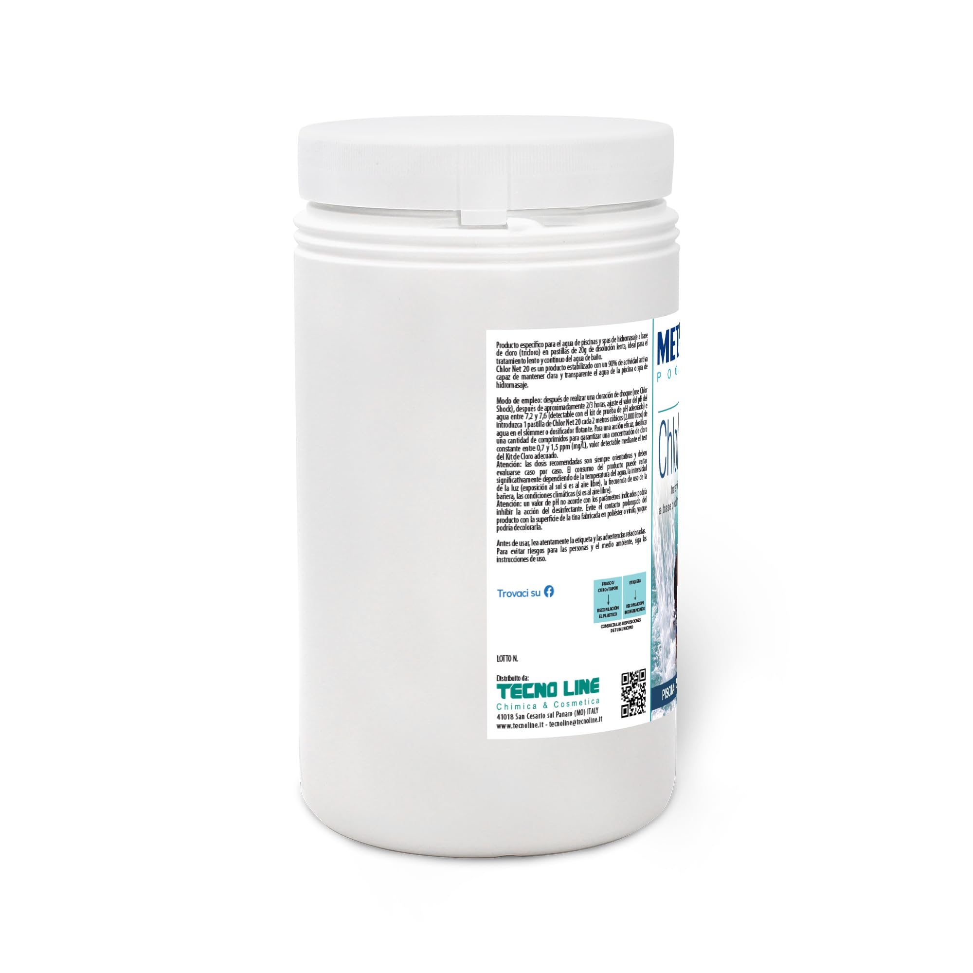 Metacril Chlor Net 20 + Dos. Galleggiante, Tricloro past. da 20gr -(1+1)2Kg | Tavolette cloro a lenta dissoluzione, Ideale per Piscina e Spa Idromassaggio con Dosatore Galleggiante con Termometro