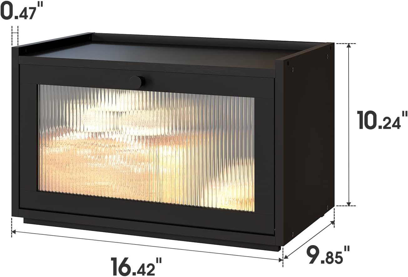 kiplant Large Bread Box for Kitchen Counter, Black Bamboo Bread Storage Container with Wavy Arcylic Transparent Door, Bamboo Wooden Farmhouse Bread Box for Your House