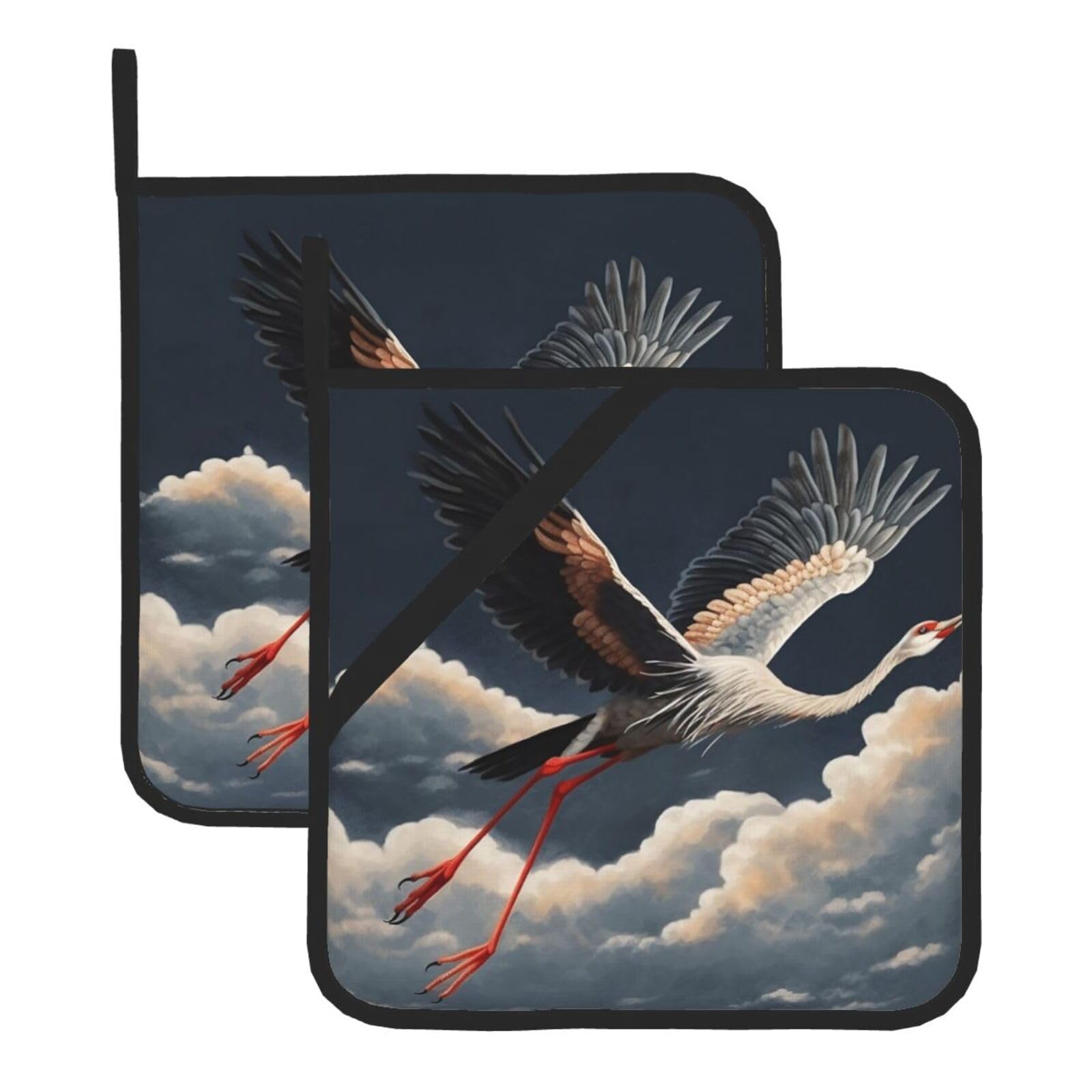 Pot Holders Set of 2 Kitchen Heat Resistant Potholders Flying Crane Pot Holders Cotton Lining Oven Hot Pads for Cooking Baking BBQ Microwave Kitchen Accessories