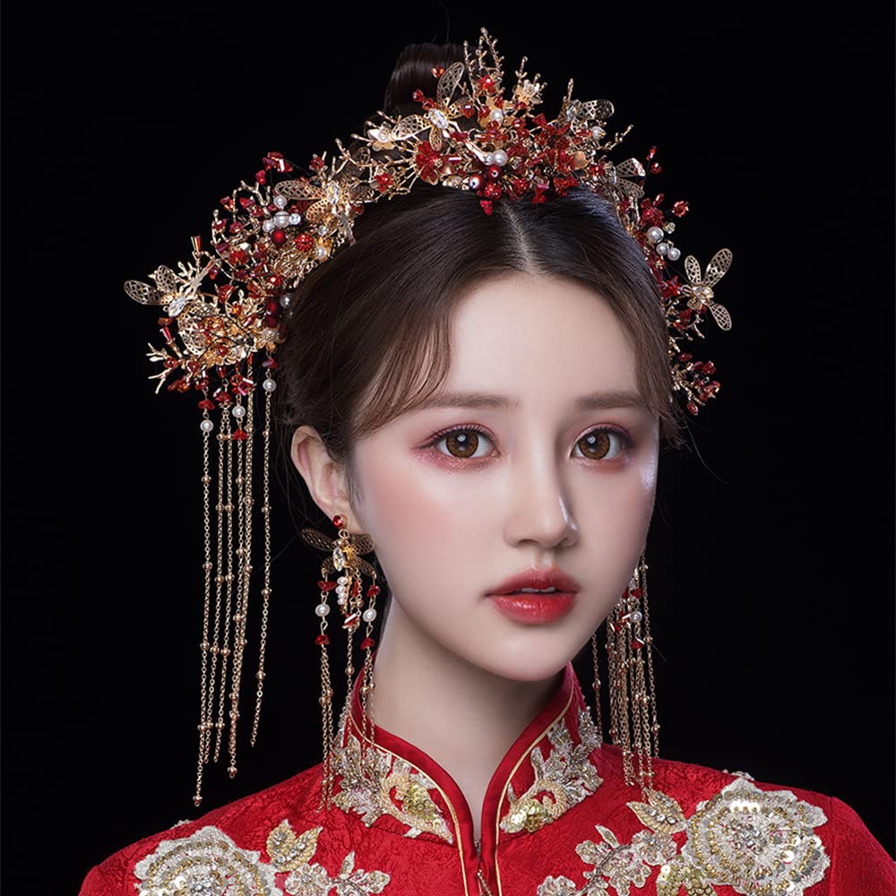 Traditional Chinese Wedding Tiara Headband with Earrings Gold Floral Beaded Amazon.com: Chinese Wedding Bride Hair Accessory Chinese  main image 2