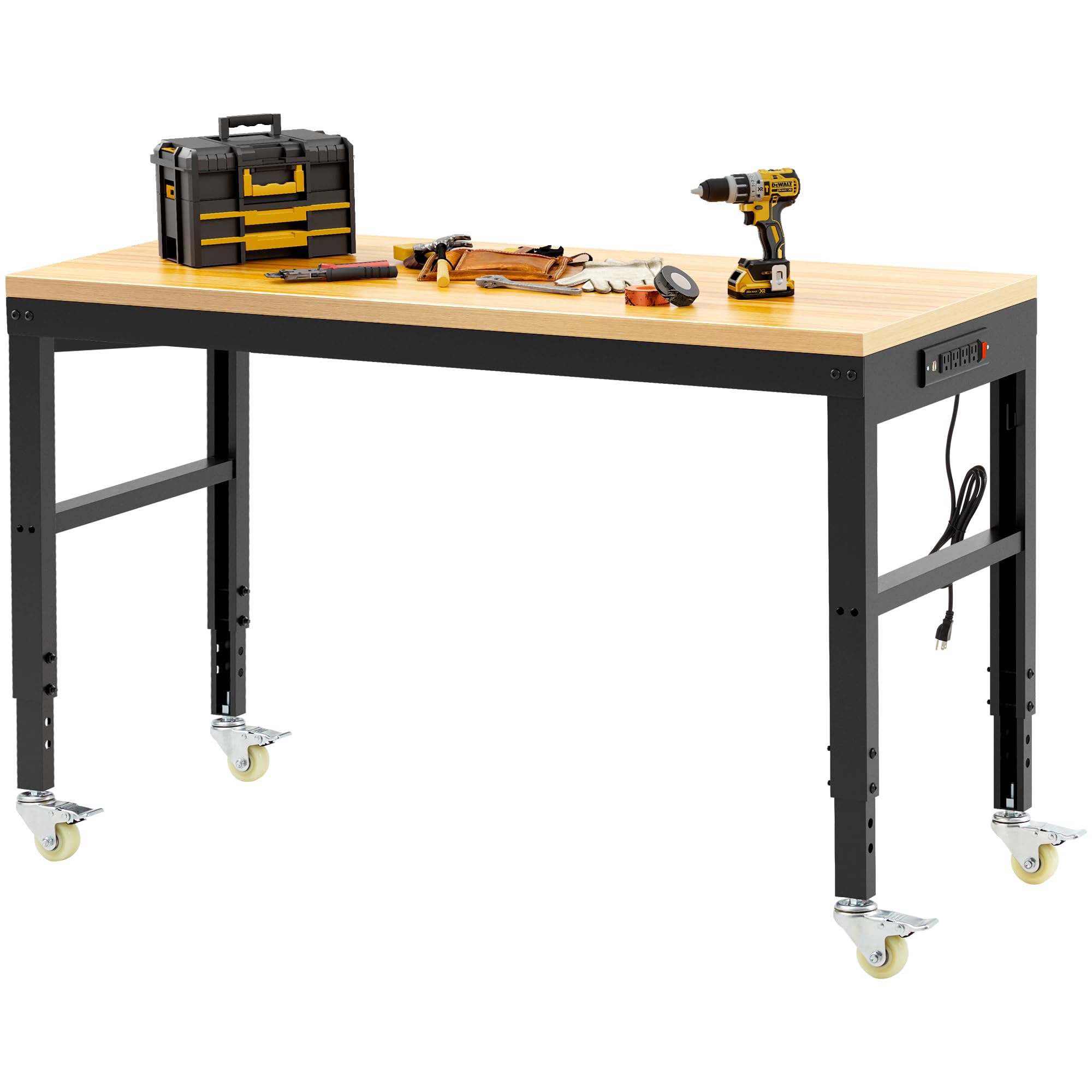60" Garage Work Bench，Heavy Duty Wood Work Bench with Power Outlets and Wheels, Max 2000 Lbs Load Capacity,Work Table for Garage, Workshop, Office, Home (60x24 with Wheel)