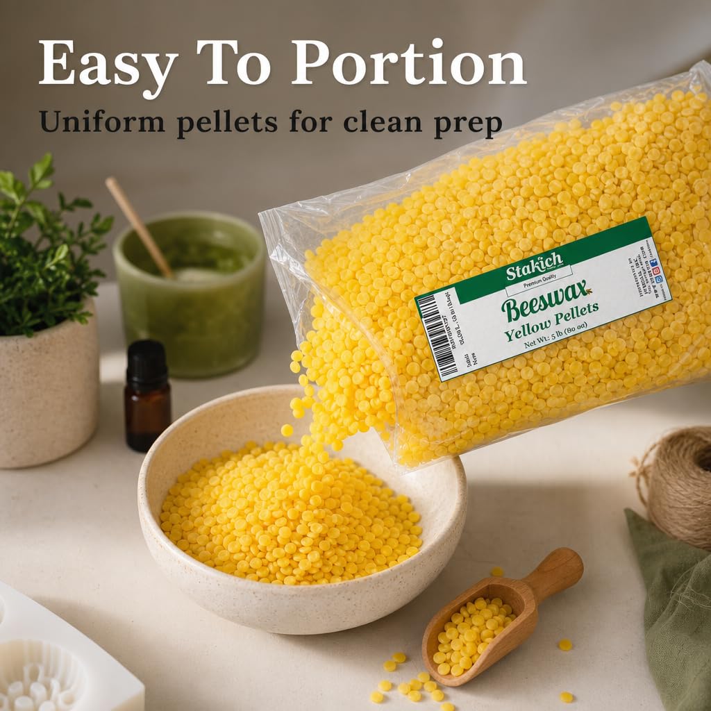 Stakich Pure Amarillo Pellets de Cera de Abeja – 100% Natural, Grado cosmético, Premium Calidad -