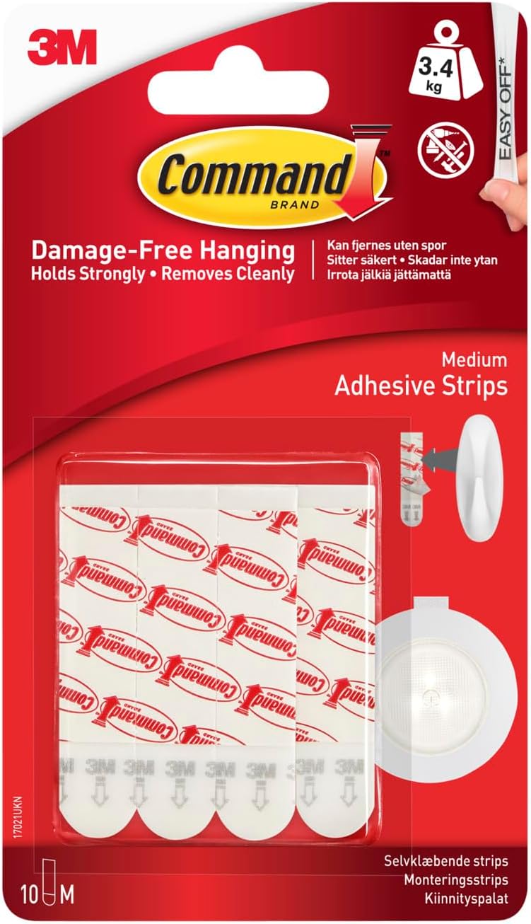 Medium Adhesive and Mounting Refill Strips, 10 Strips - Damage Free Hanging - Holds up to 3.4 kg, White