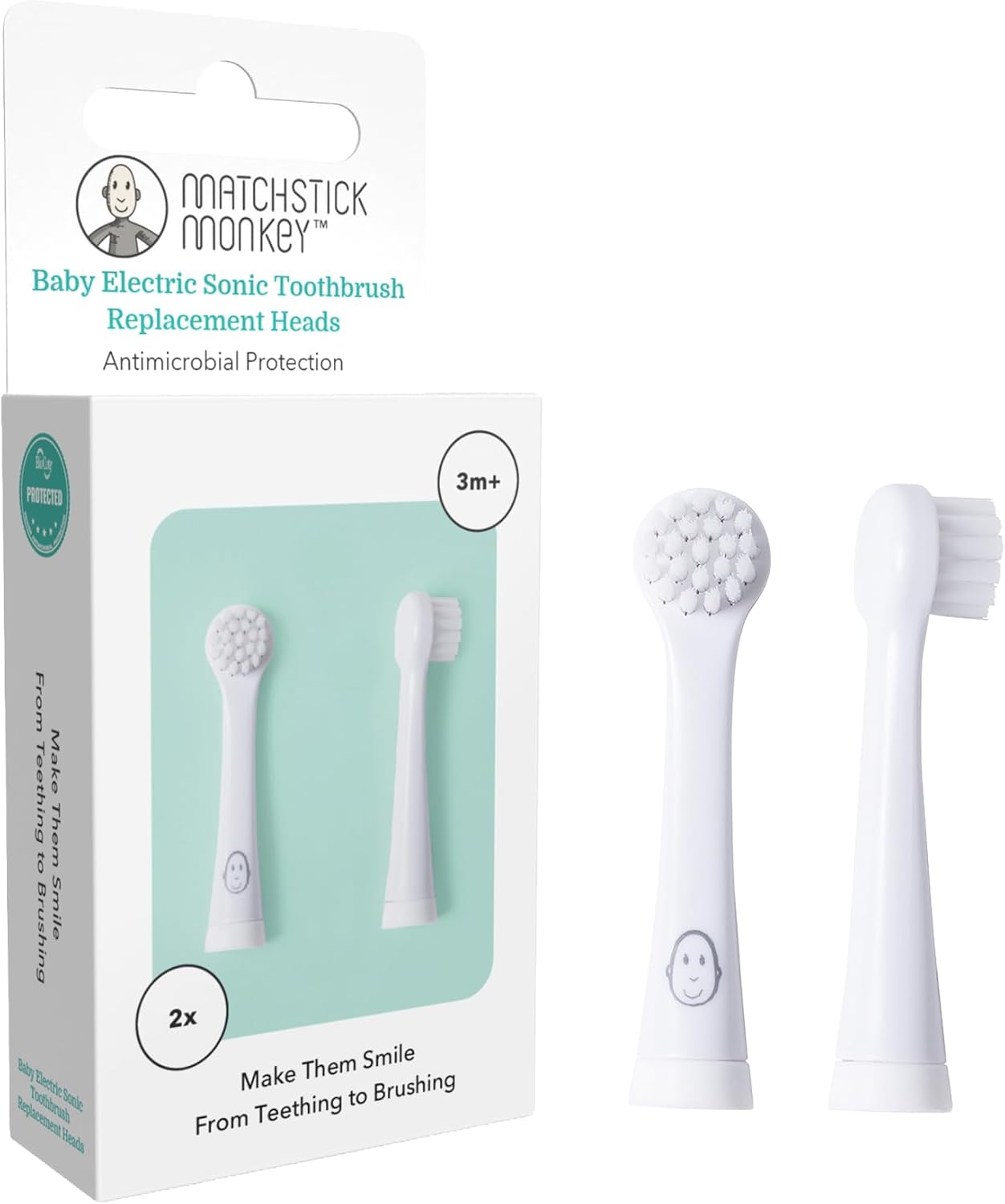 Matchstick Monkey Baby Electric Sonic Toothbrush Replacement Heads – Protection, Ultra-Soft Bristles, Compatible with Baby Sonic Toothbrush, BPA-Free, Suitable from 3 Months, Pack of 2, White