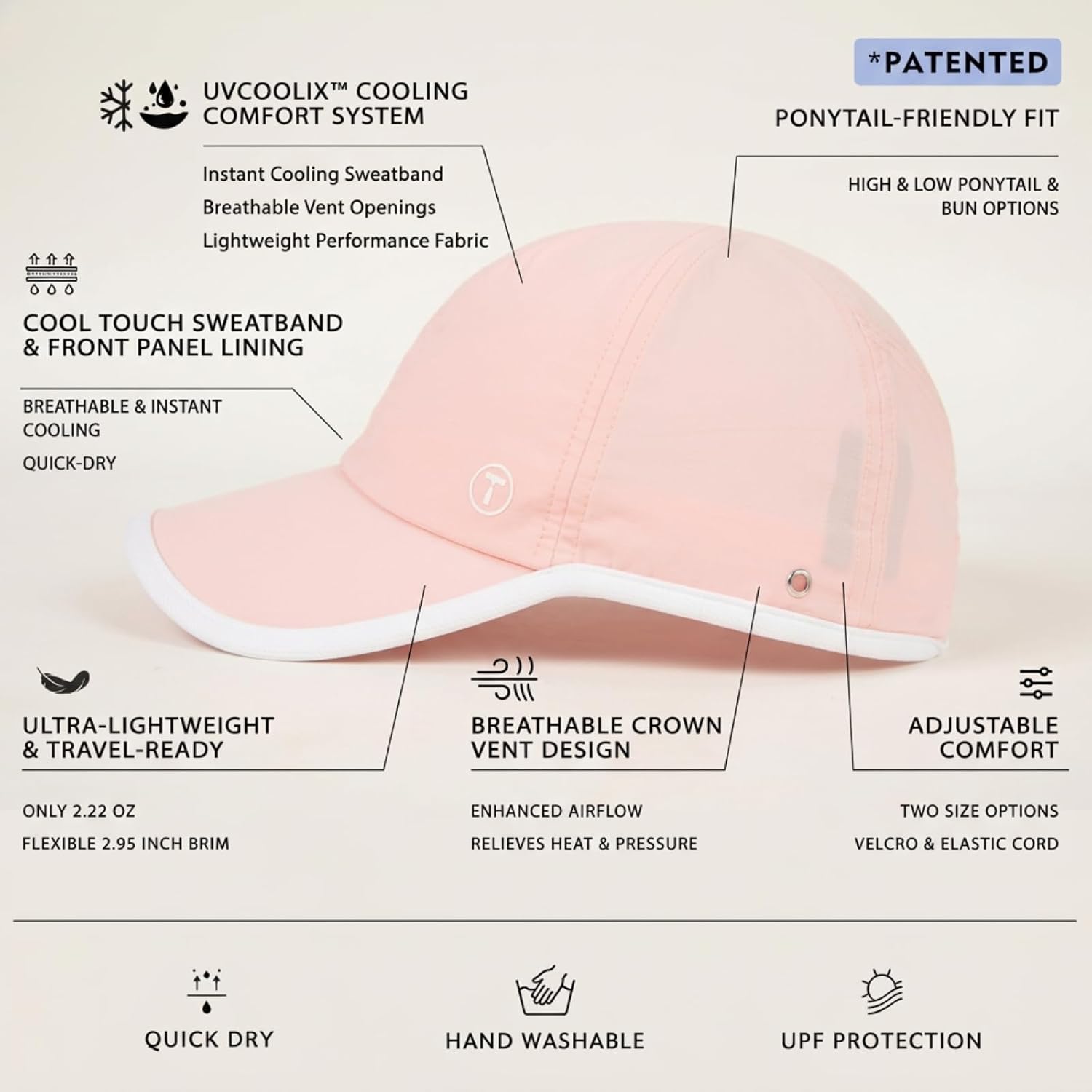 TOP-EX ChicPony™ UVCoolix Cooling UPF50+ Ponytail Thick Hair Womens Baseball Cap,Breathable Lightweight,Golf Running Sports