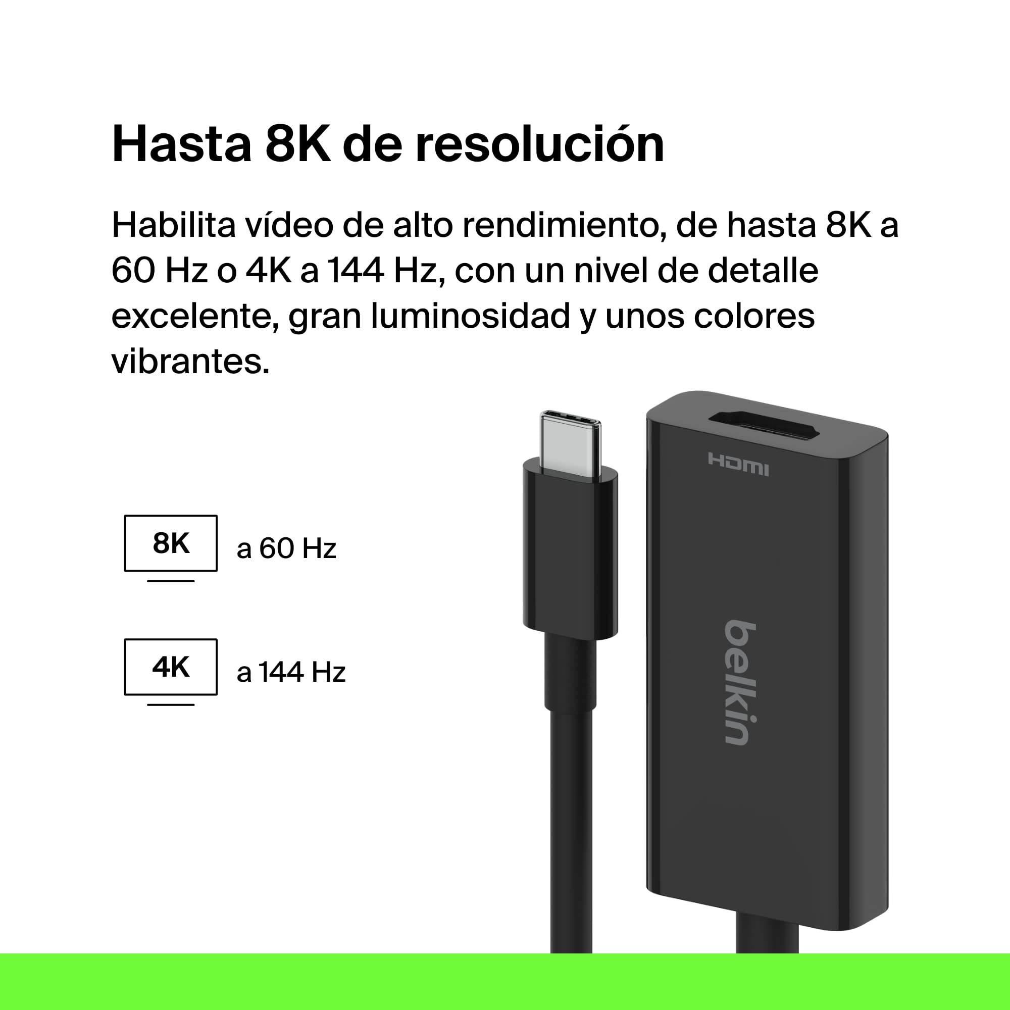 Belkin Adaptador USB Tipo C a HDMI 2.1, Cable Integrado de 11 cm, 8K a 60 Hz, 4k a 144 Hz, HDR, HBR3, DSC, HDCP 2.2, USB-IF, MacBook, iPad Pro y Otros Dispositivos con USB-C | Diseño de cable atado, certificado HDCP 2.2 y USB-IF, compatible con Chromebook