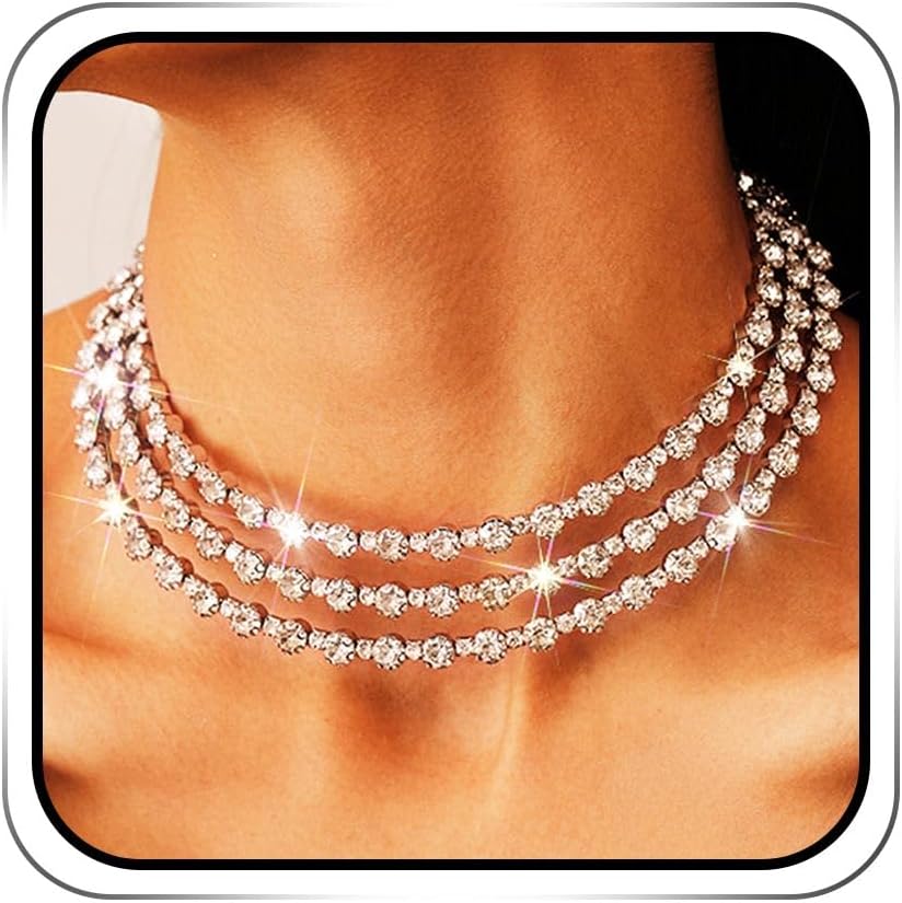 JAKAWIN Rhinestone Choker Necklace Layered Diamond Collar Necklaces Jewelry for Women