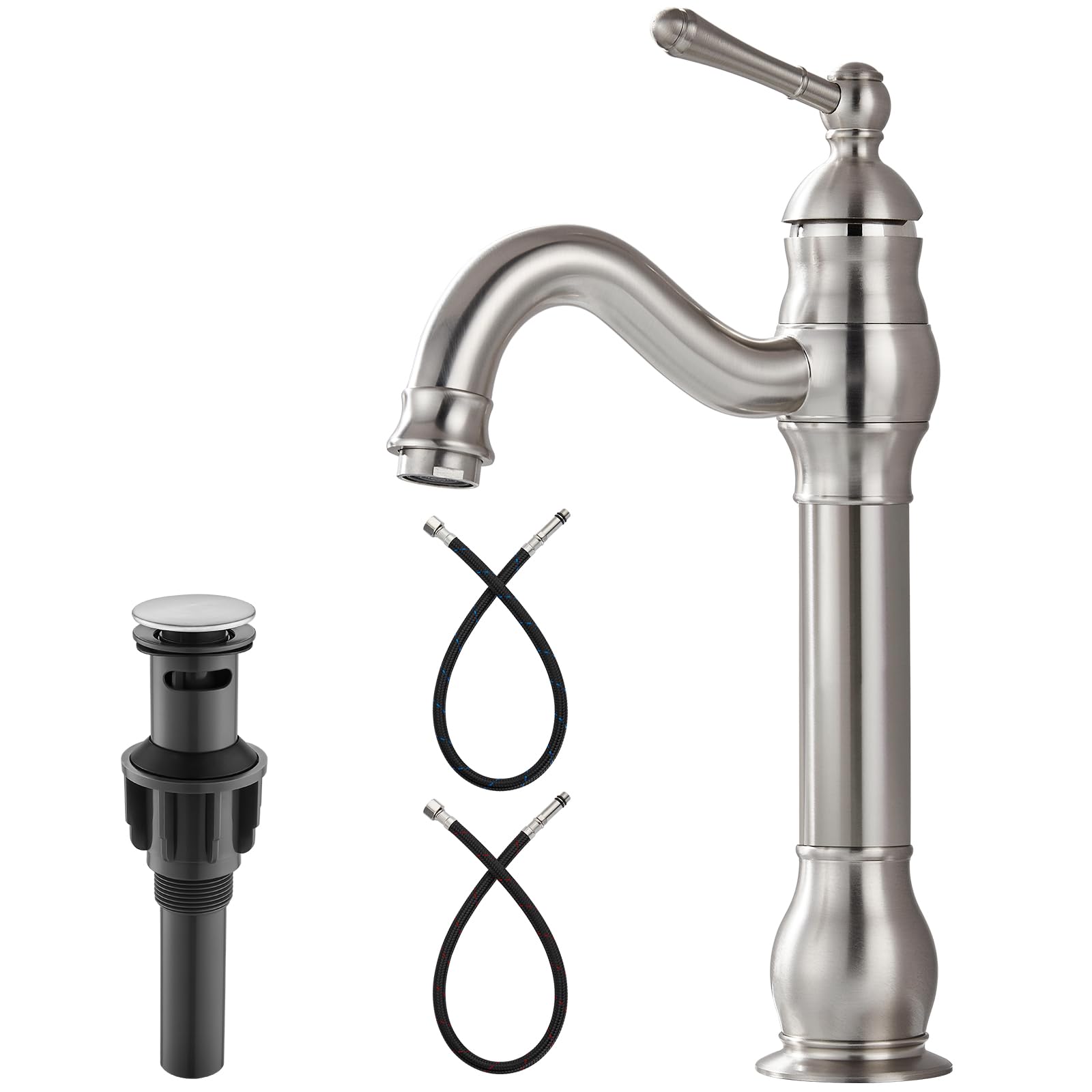 Hcfyauis Brushed Nickel Vessel Sink Faucet Tall Bathroom Faucet Single Handle 1 Hole High Spout With Drain Material 360 Degree Adjustable Lavatory Vanity Mixer Tap,Straight Body,