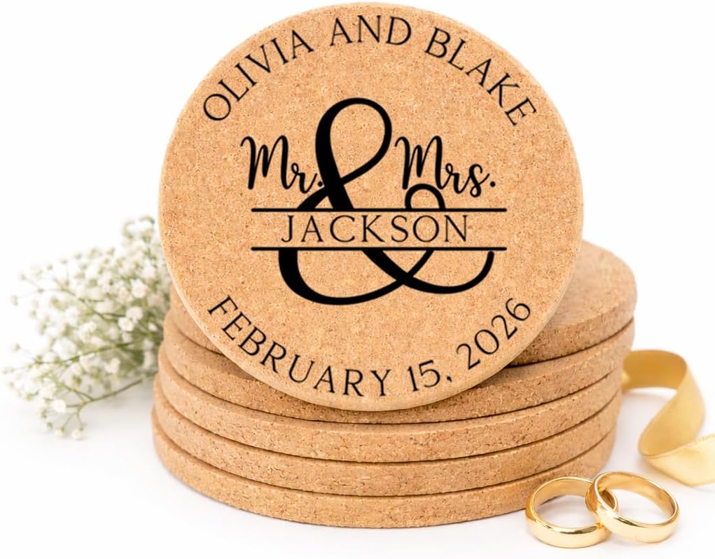 Set of 30-100 Personalized Cork Coasters | Monogrammed Mr & Mrs Wedding Coaster Favors | Custom Engraved Cork Coaster Set | CC104