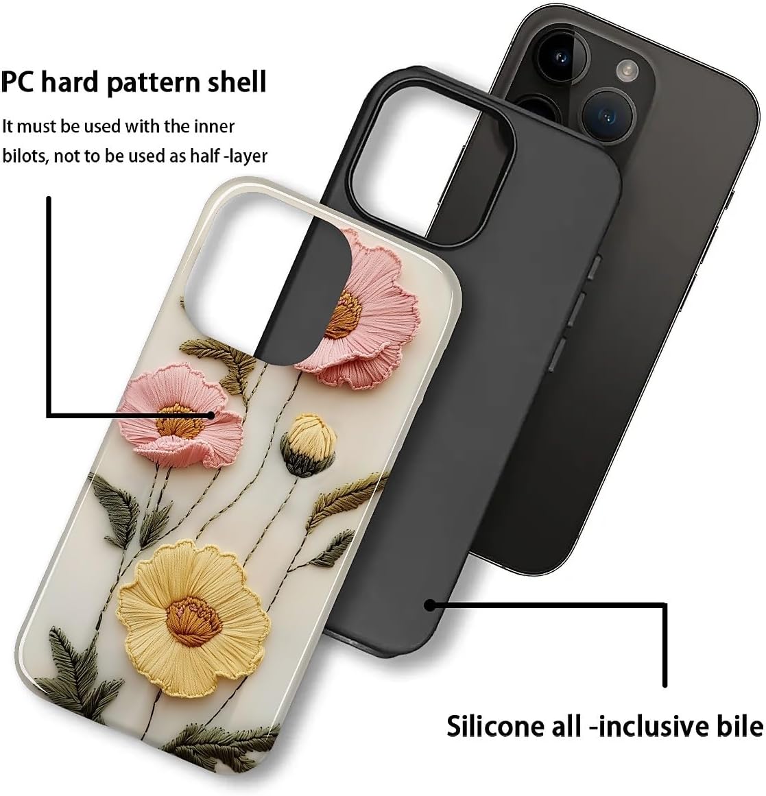 Case for iPhone 11 Pro Max Case,Faux Embroidery Boho Floral Design - Hybrid Dual Protection Silicone + Hard PC Shockproof Full Body Cover Slim Anti-Scratch Protective Case for Men Women image 3
