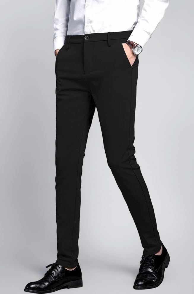 Plaid&Plain Men's Stretch Dress Pants Slim Fit Skinny Suit Pants, Black, 31W x 30L