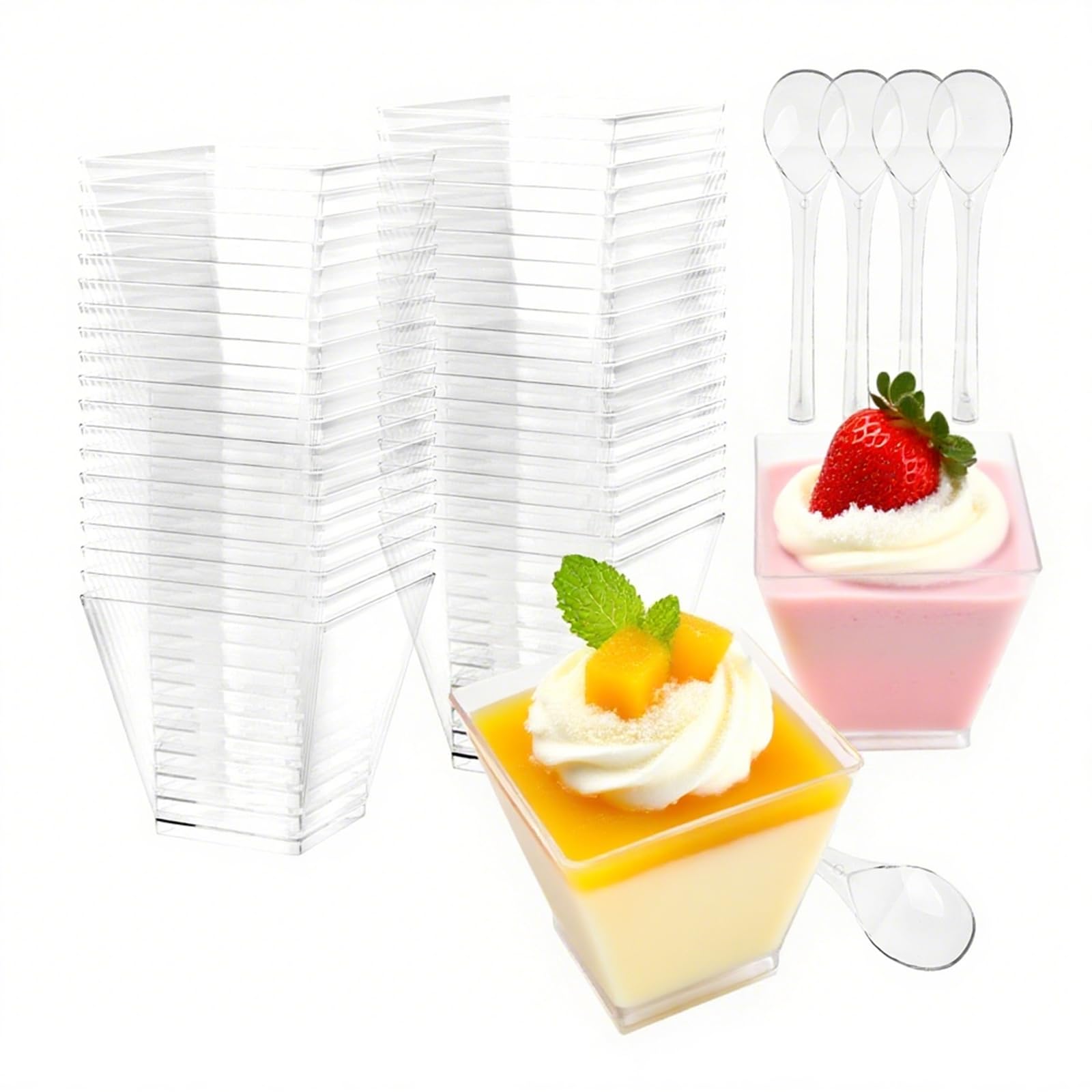 Slomg 100 Pack 7 oz Plastic Dessert Cups with Spoons, Clear Pudding Parfait Shooter Jello Fruit Cups for Party Serving, Disposable Ice Cream Bowls for