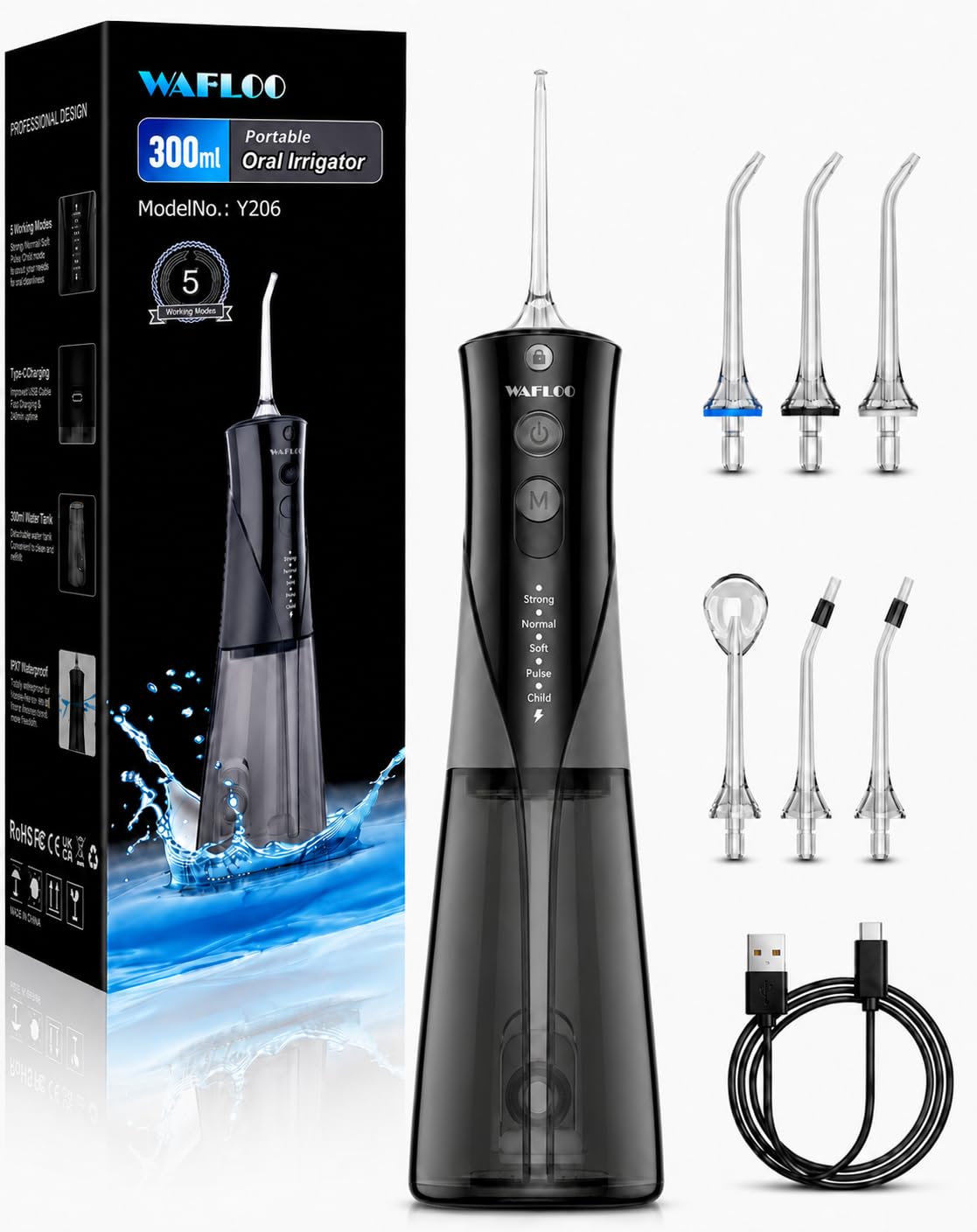 Irrigador Dental Portatil, 5 Modos de Limpieza con 6 Boquillas, Tanque de Agua de 300ml, IPX7 Impermeable, Ideal para Limpieza Dental en Casa y de Viaje（Negro）
