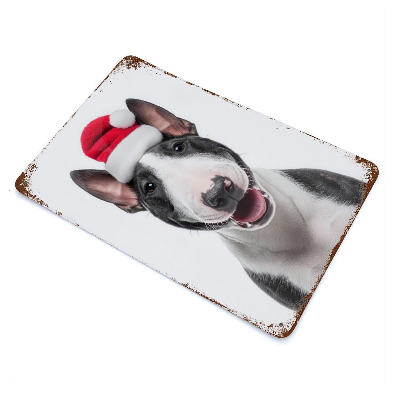 Rusty Metal Tin Sign Festive Miniature Bull Terrier with Santa Hat 11.8"x7.9", Industrial Home Decor for Patio, Garden Room And Bar Decor