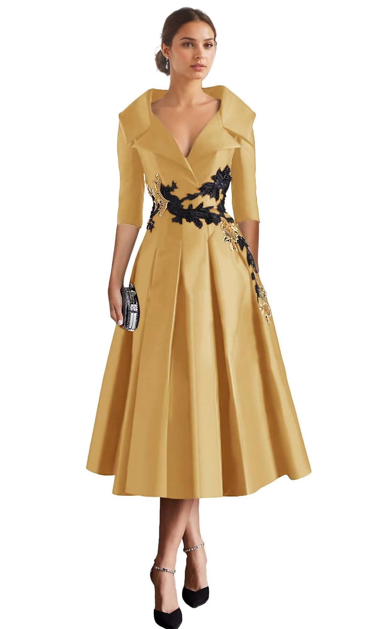 Long Sleeve Satin Mother of The Bride Dresses for Wedding Tea Length Formal Dress Lace Applique Prom Evening Gown