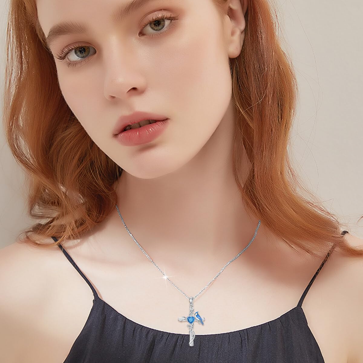 Blue Jay Necklace for Women 925 Sterling Silver Natural Swiss Blue Topaz Blue Jay Cross Pendant Our Love Never Dies Bird Jewelry Gifts for Mom Wife