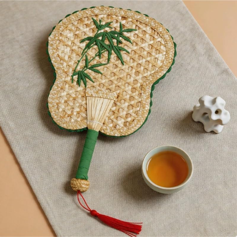 Handwoven Straw Fan Cooling with Embroidery Portable Hand for Home Outdoor Use