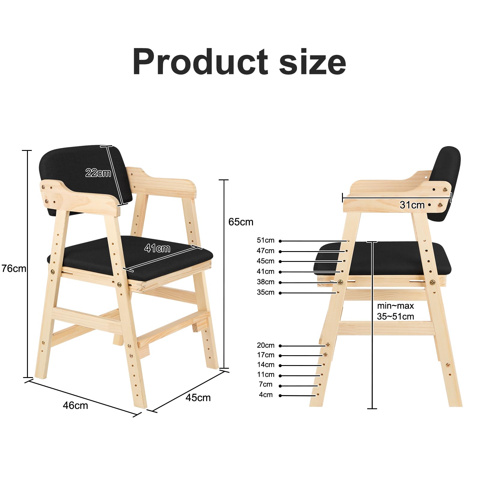 Chaise Haute Bébé-Barre de Sécurité,Chaise Haute en Bois, Hauteurs Réglables Stable Chaise Supporte 90KG pour Bébés, Avec Coussin d'Assise, Enfants et Adultes 48 x 46 x 78 cm – Noir (1 pièce)