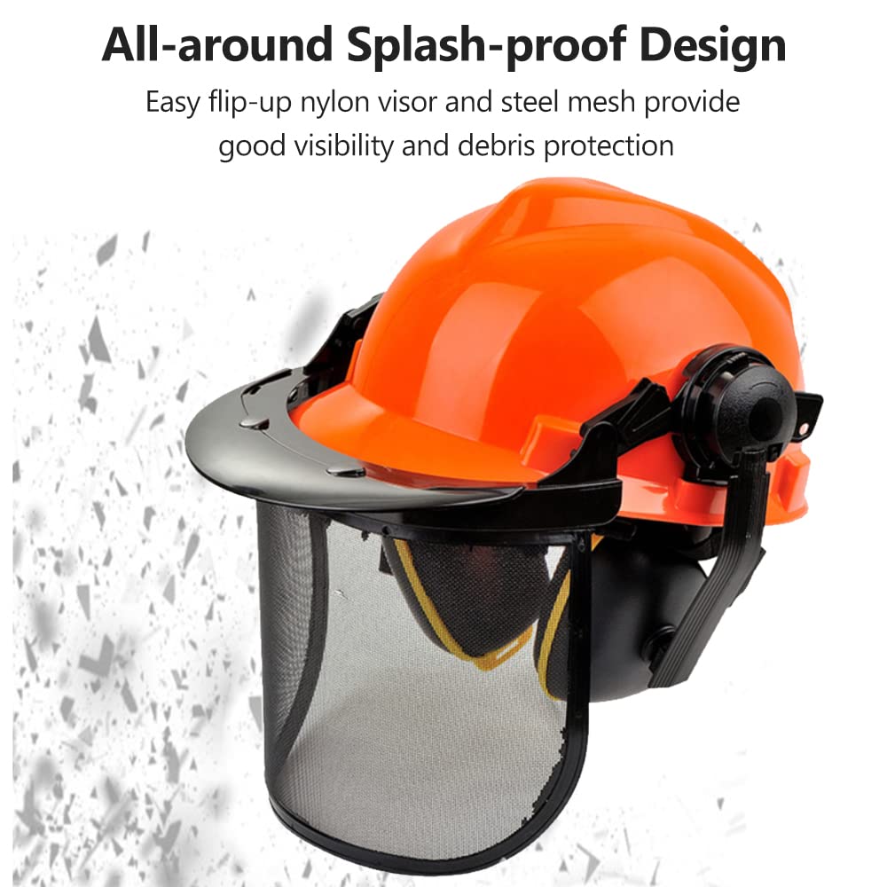 Casco di Sicurezza con Visiera e Paraorecchie, Elmetto Forestale in HDPE con Visiera in Rete d'Acciaio Arancione