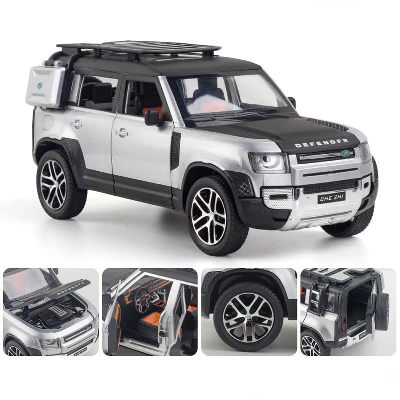 Image of PINQUE Kids New Car ‎1:24 Land Rover Defender Diecast Alloy Metal Pull Back Car with Openable Doors Music Sound and Light Vehicle Toy Car for Boys (White)