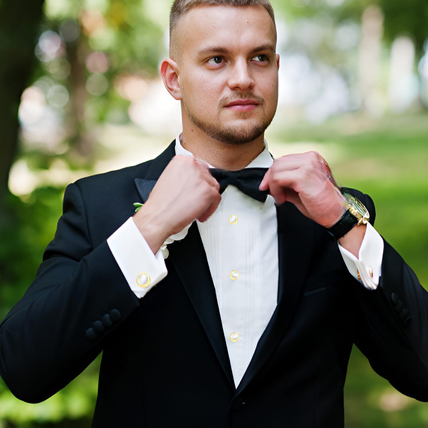 Mens Cufflinks and Tuxedo Shirt Studs Set with Gift Box Cuff Links Tuxedo Studs Business Wedding Groomsman Gifts - Image 4