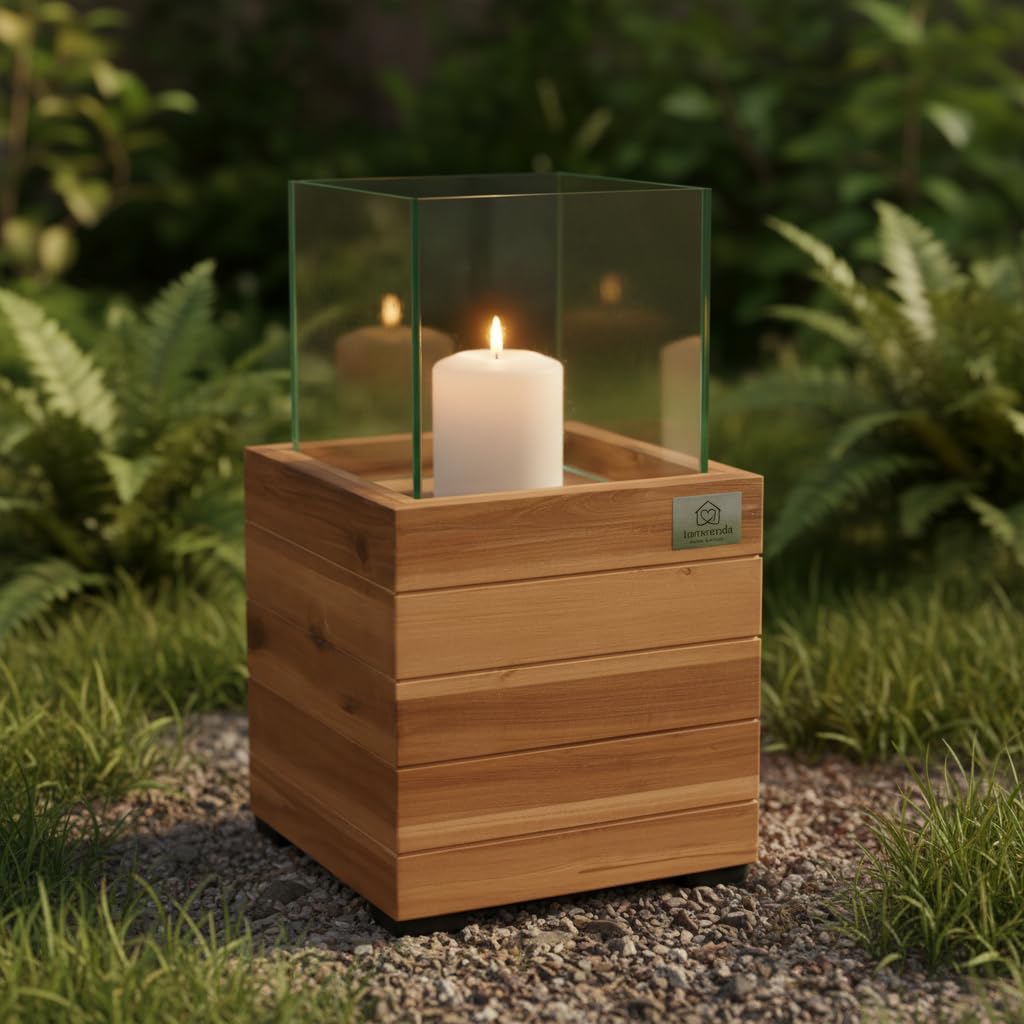 Windlicht Laterne Dekoleuchte Holz Akazie 21,5 x 21,5 x 40 cm Innen- und Außenbereich Dunkelbraun