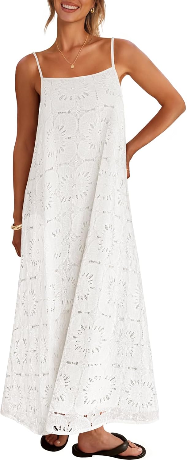 MEROKEETY Women's Summer Spaghetti Straps Sundress 2026 Casual Sleeveless Floral Lace Eyelet Boho Beach Maxi Dress
