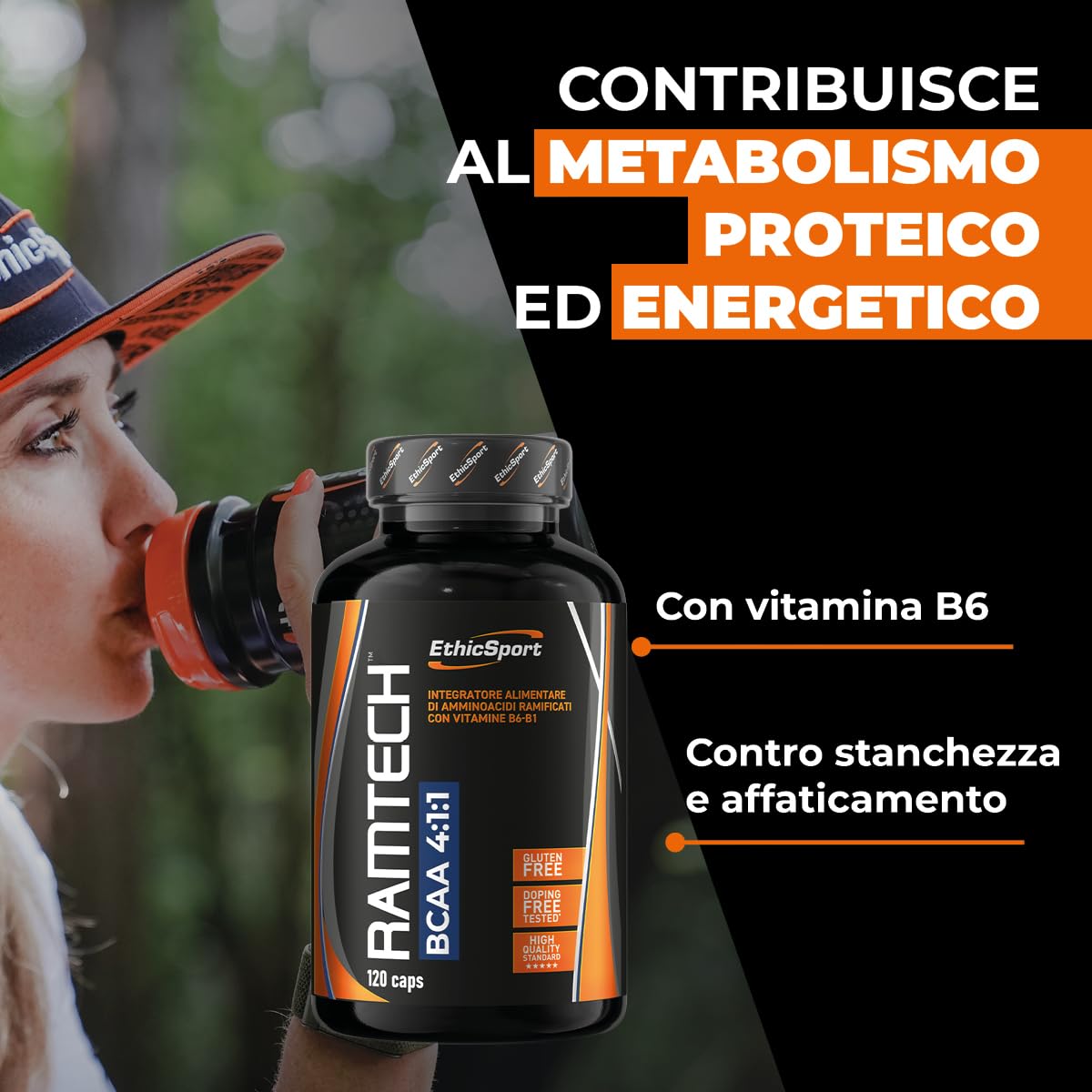 EthicSport Ramtech BCAA 4:1:1 – Aminoacidi ramificati con vitamine B1 e B6 – Supporto nutrizionale per sport intensi – 120 capsule – Doping free tested*