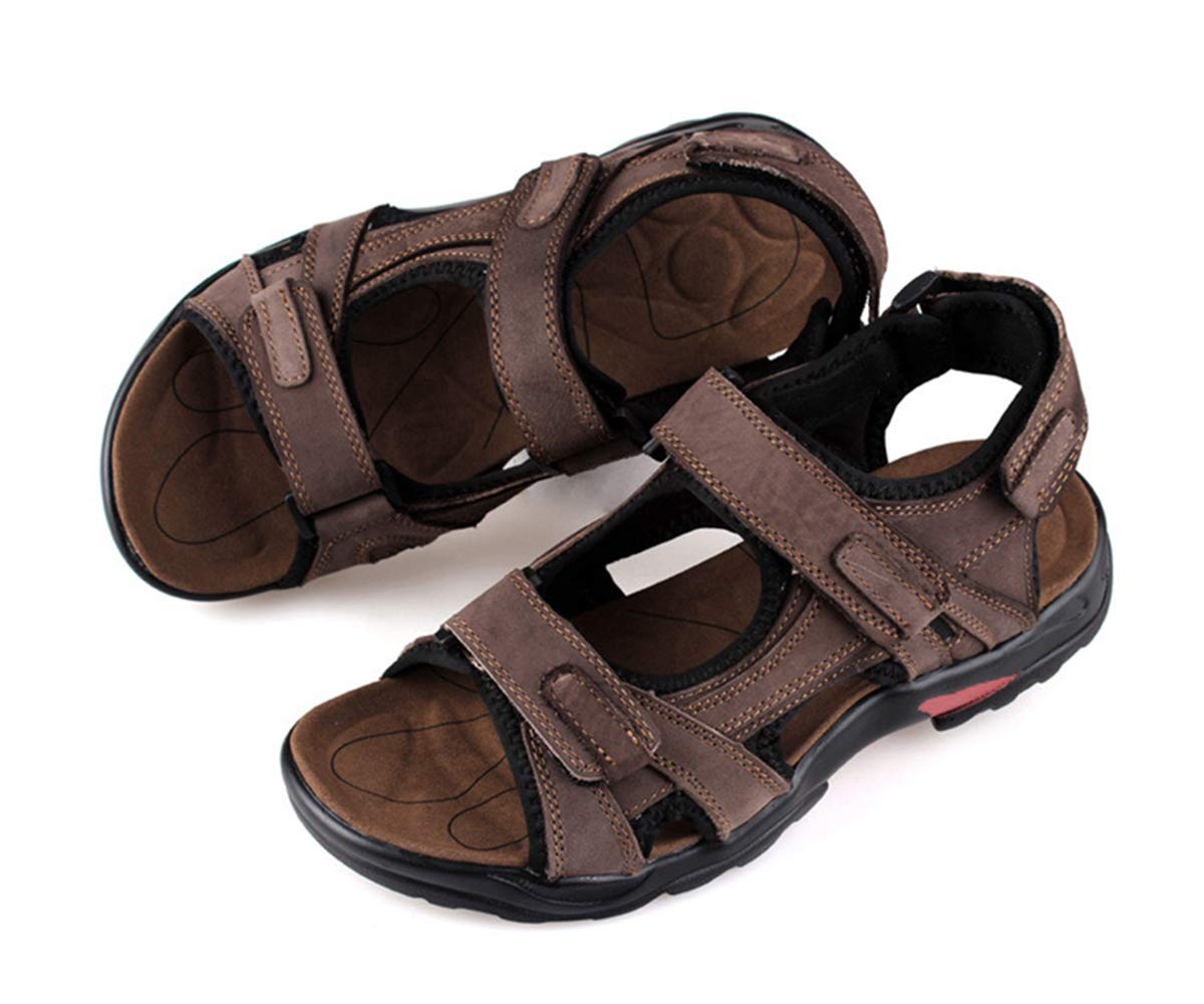 Sandales Homme Cuir de Vachette Bout Ouvert Chaussures de Marche Été en Sandales Sports à Confortable pour Trekking Plage (Kaki, Adulte, Homme, 47, Numérique, Système Taille Chaussures EU, Moyen)