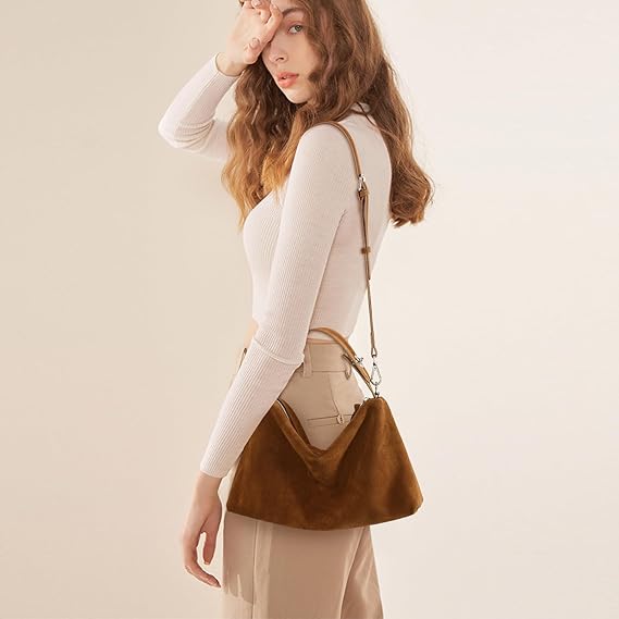 Aoyom Women's Brown Genuine Leather Suede Tote Hobo Bag