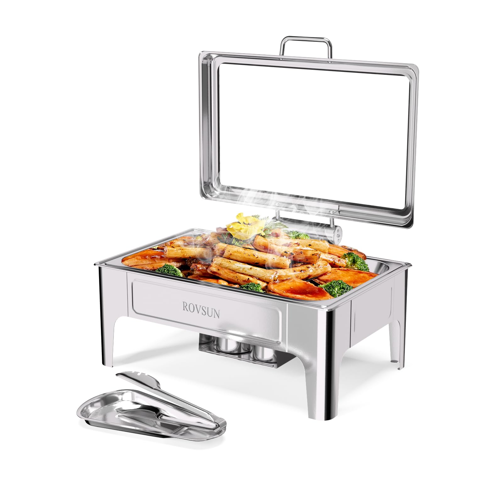 (Similar) ROVSUN 9QT Roll Top Chafing Dishes for Buffet, Chafing Dish Buffet Set, Rectangular Stainless Steel Chafers and Buffet Warmers Sets with Glass Lid & Serving Tong for Parties Weddings Catering Events