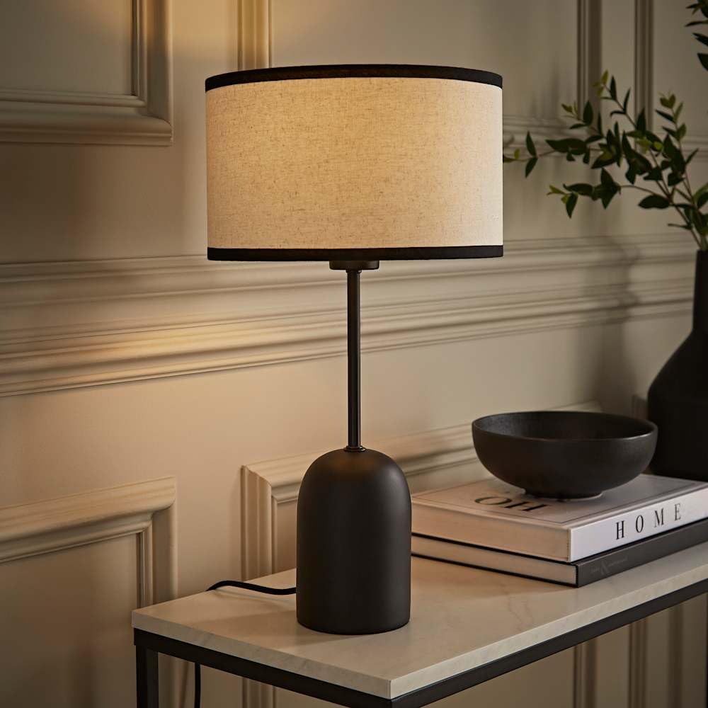 ValueLights Kaiden Black Dome Table Lamp - Matte Black Finish - Linen Drum Shade with Trim Edge - Modern Style
