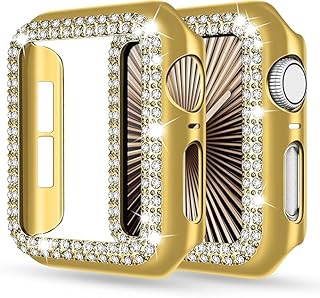 جراب حماية بإطار ممتص للصدمات متوافق مع ساعة آبل 46 ملم سلسلة 10 مرصع بحجر الراين اللامع للنساء والفتيات (ذهبي)