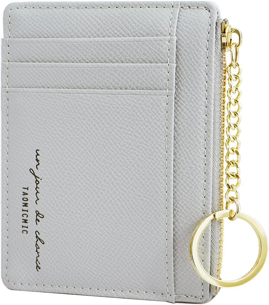 Women Slim Leather Card Case Holder Small Wallet Cute Coin Purse Girl Mini Wallet with Keychain (A-Grey)